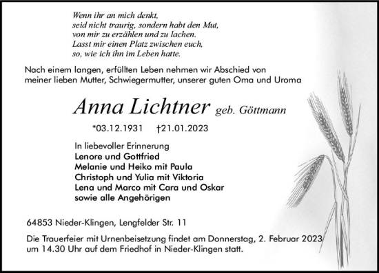 Traueranzeige von Anna Lichtner von Darmstädter Echo