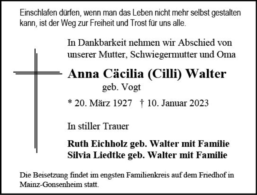  Traueranzeige für Anna Cäcilia Walter vom 21.01.2023 aus Allgemeine Zeitung Mainz