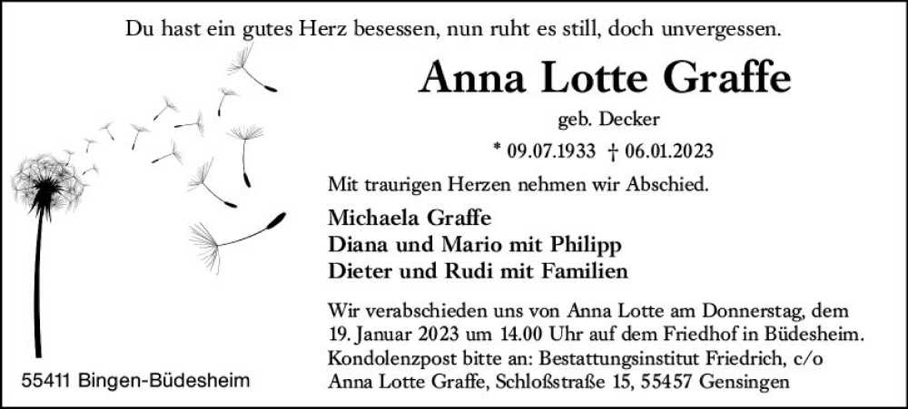  Traueranzeige für Anna Lotte Graffe vom 14.01.2023 aus Bingen/Ingelheim Wochenblatt inkl. NBZ