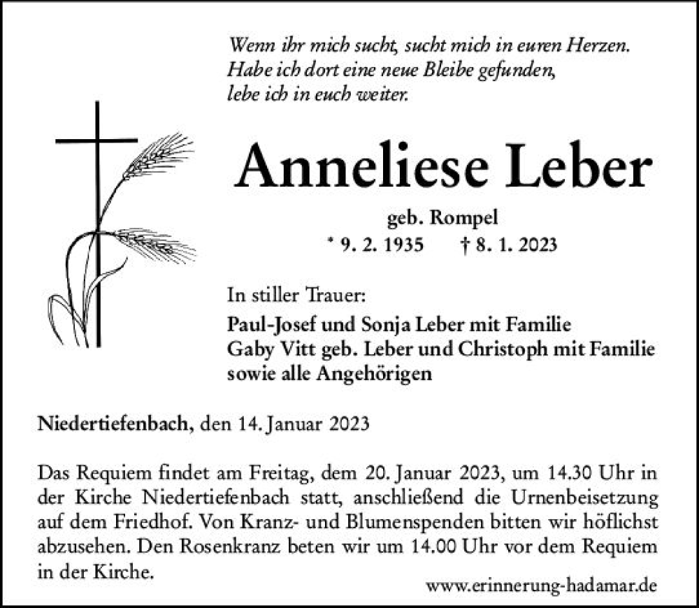  Traueranzeige für Anneliese Leber vom 14.01.2023 aus Nassauische Neue Presse