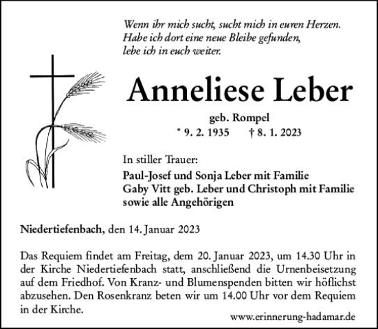 Traueranzeige von Anneliese Leber von Nassauische Neue Presse