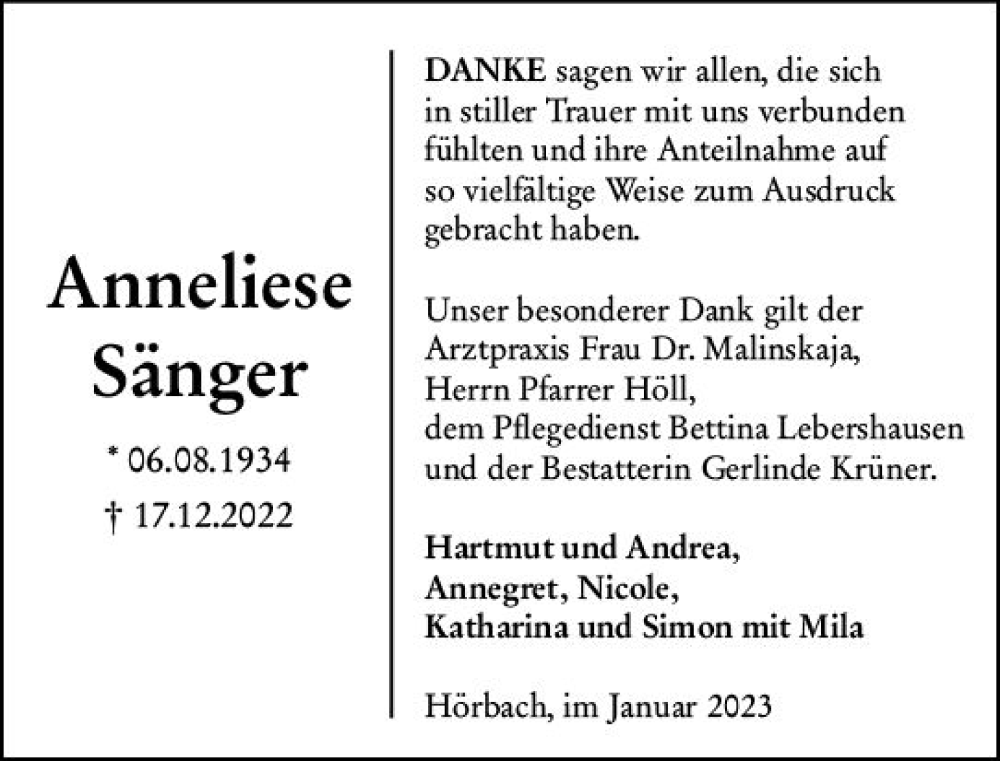  Traueranzeige für Anneliese Sänger vom 14.01.2023 aus Dill Block
