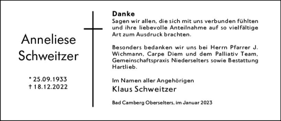 Traueranzeige von Anneliese Schweitzer von Camberger Anzeiger