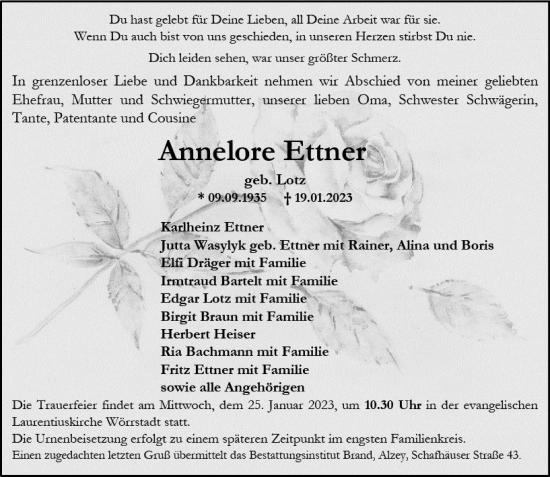 Traueranzeige von Annelore Ettner von Allgemeine Zeitung Alzey