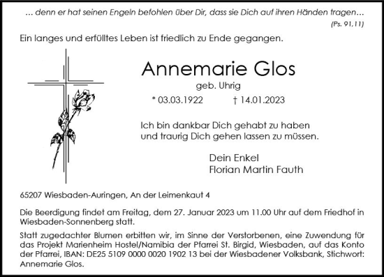 Traueranzeige von Annemarie Glos von Wiesbadener Kurier gesamt