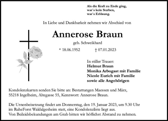 Traueranzeige von Annerose Braun von Allgemeine Zeitung Ingelheim-Bingen