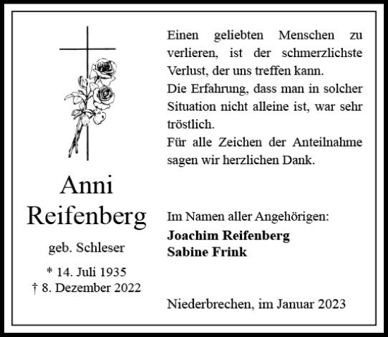 Traueranzeige von Anni Reifenberg von Camberger Anzeiger