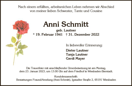 Traueranzeige von Anni Schmitt von Wiesbadener Kurier gesamt
