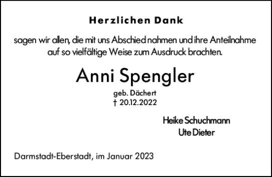 Traueranzeige von Anni Spengler von Darmstädter Echo