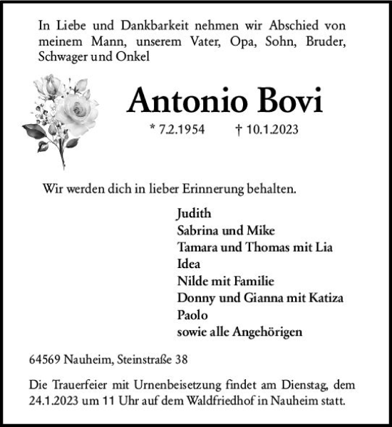 Traueranzeige von Antonio Bovi von Groß-Gerauer Echo
