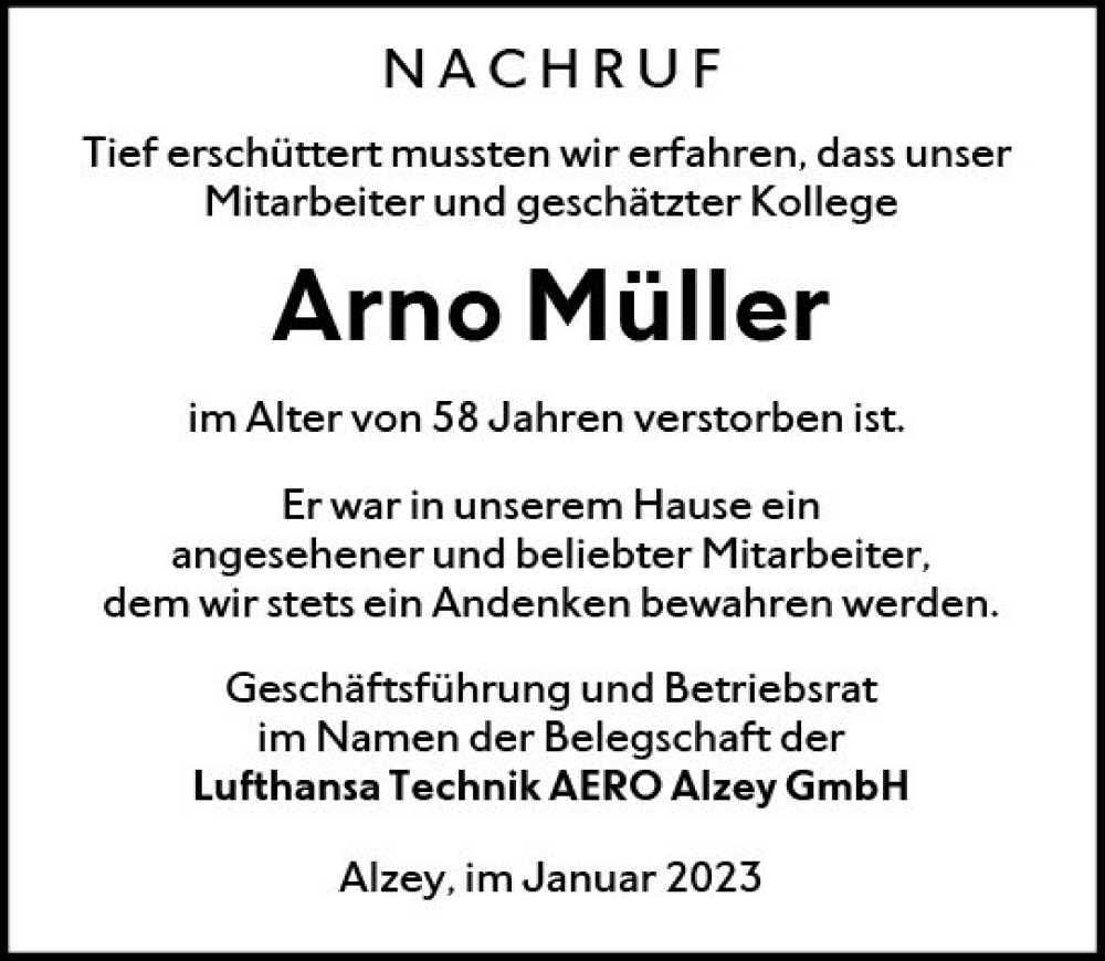  Traueranzeige für Arno Müller vom 20.01.2023 aus Allgemeine Zeitung Alzey