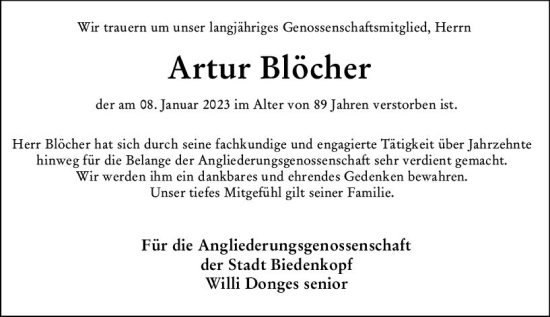 Traueranzeige von Artur Blöcher von Hinterländer Anzeiger