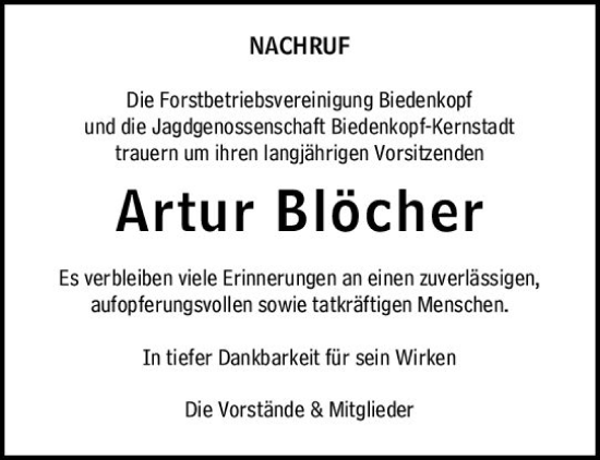 Traueranzeige von Artur Blöcher von Hinterländer Anzeiger