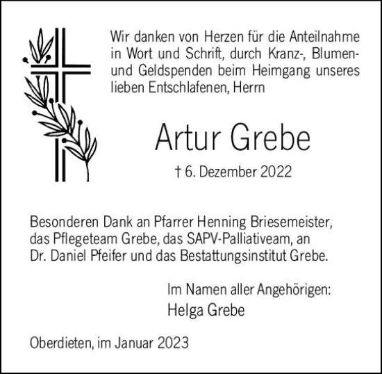 Traueranzeige von Artur Grebe von Hinterländer Anzeiger