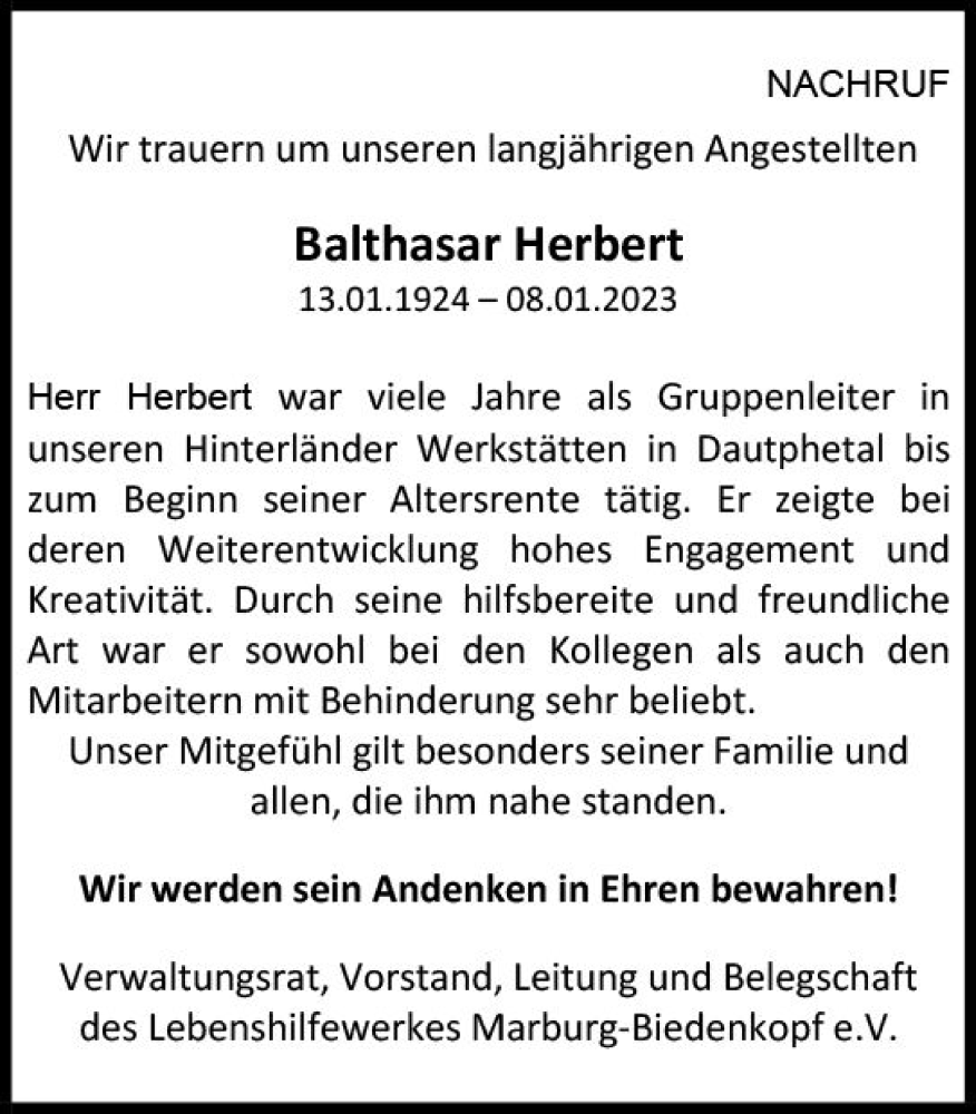  Traueranzeige für Balthasar Herbert vom 20.01.2023 aus Hinterländer Anzeiger