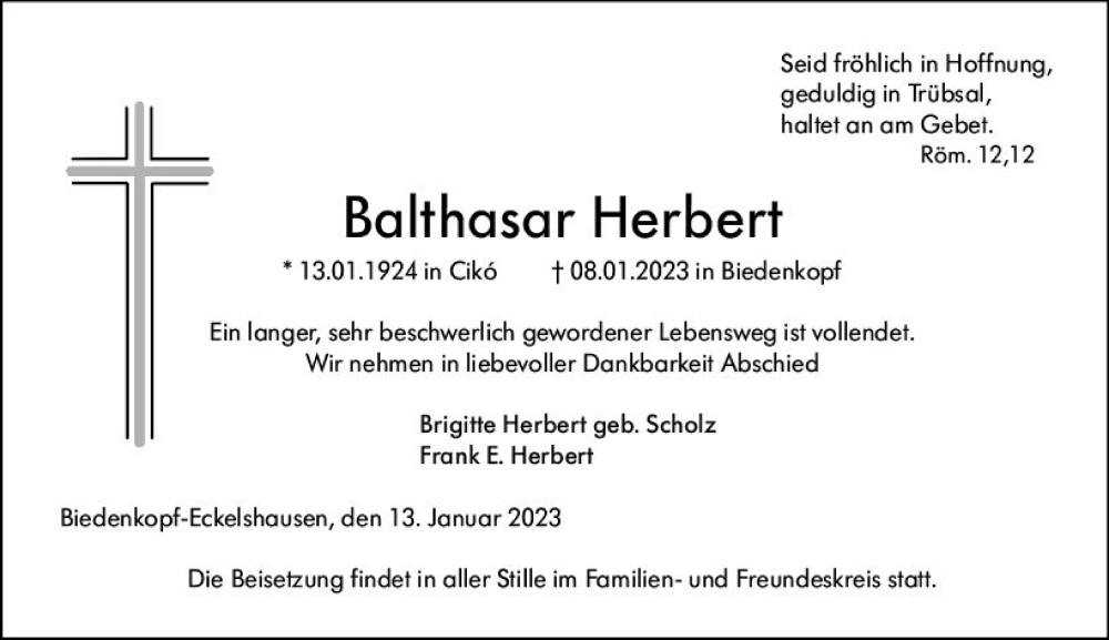  Traueranzeige für Balthasar Herbert vom 13.01.2023 aus Hinterländer Anzeiger