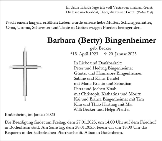 Traueranzeige von Barbara Bingenheimer von Allgemeine Zeitung Mainz