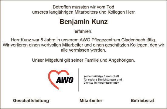 Traueranzeige von Benjamin Kunz von Hinterländer Anzeiger