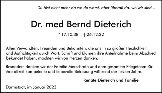 Traueranzeige von Bernd Dieterich von Darmstädter Echo
