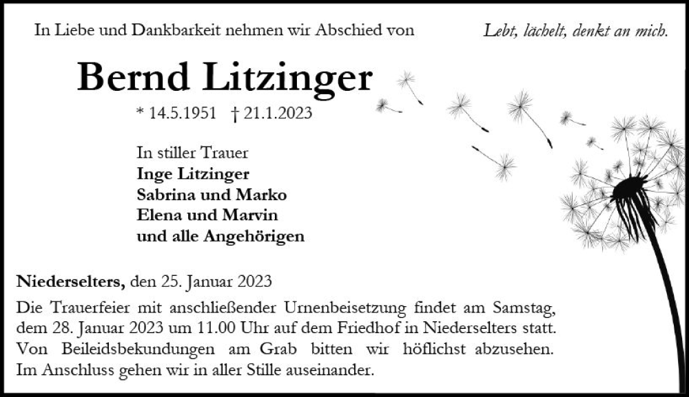  Traueranzeige für Bernd Litzinger vom 26.01.2023 aus Camberger Anzeiger