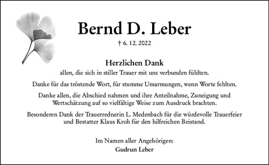 Traueranzeige von Bernd D. Leber von Weilburger Tageblatt