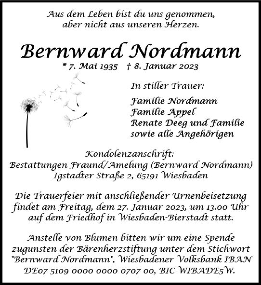  Traueranzeige für Bernward Nordmann vom 21.01.2023 aus Wiesbadener Kurier gesamt