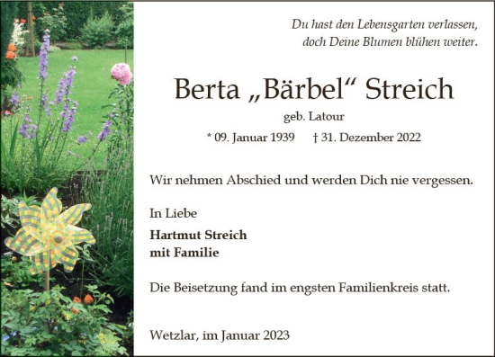 Traueranzeige von Berta Streich von Wetzlarer Neue Zeitung