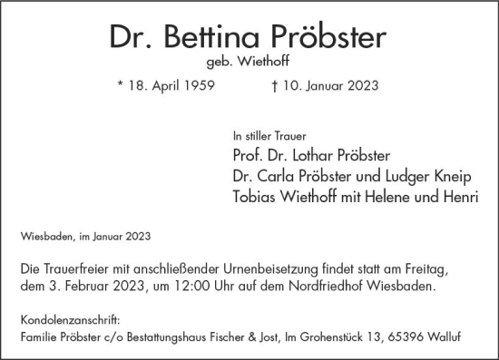 Traueranzeige von Bettina Pröbster von Wiesbadener Kurier gesamt