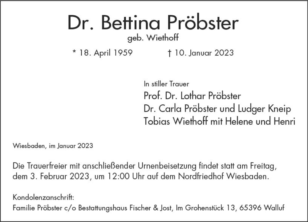  Traueranzeige für Bettina Pröbster vom 14.01.2023 aus Wiesbadener Kurier gesamt