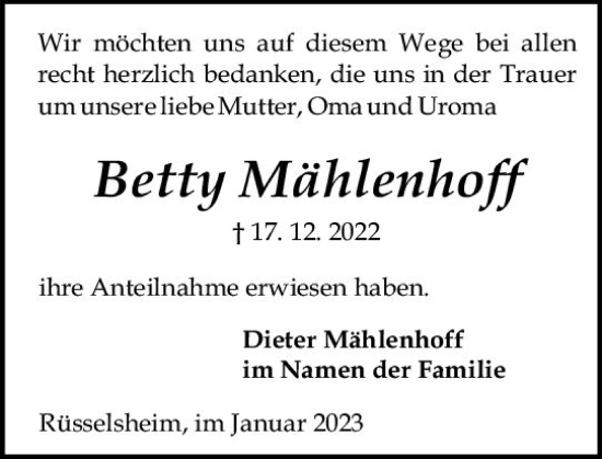 Traueranzeige von Betty Mählenhoff von Rüsselsheimer Echo