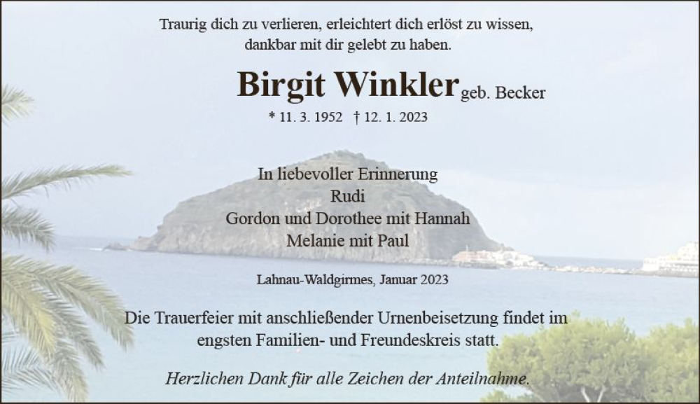  Traueranzeige für Birgit Winkler vom 21.01.2023 aus Wetzlarer Neue Zeitung