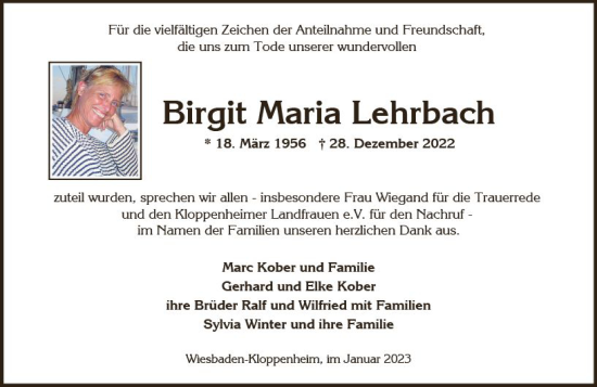 Traueranzeige von Birgit Maria Lehrbach von Wiesbadener Kurier gesamt
