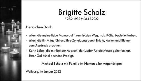 Traueranzeige von Brigitte Scholz von Weilburger Tageblatt