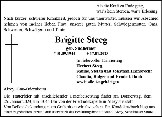 Traueranzeige von Brigitte Steeg von Allgemeine Zeitung Alzey