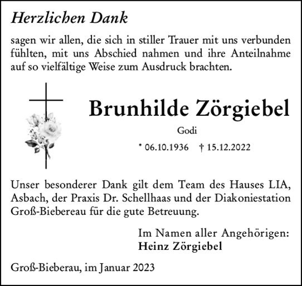  Traueranzeige für Brunhilde Zörgiebel vom 21.01.2023 aus Darmstädter Echo