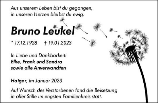 Traueranzeige von Bruno Leukel von Dill Block