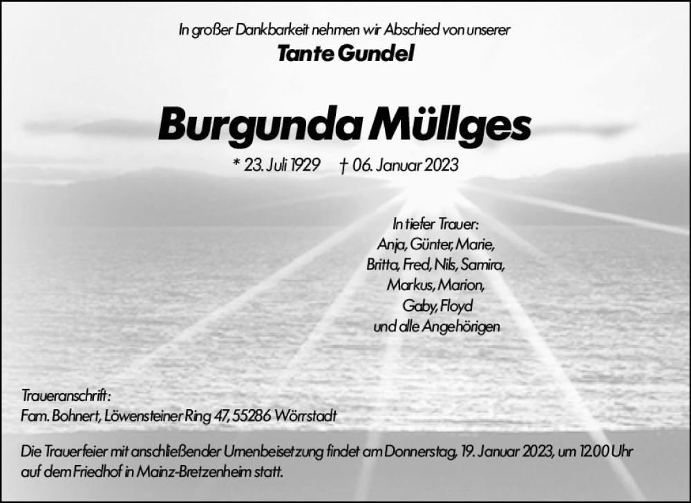  Traueranzeige für Burgunda Müllges vom 14.01.2023 aus Allgemeine Zeitung Mainz