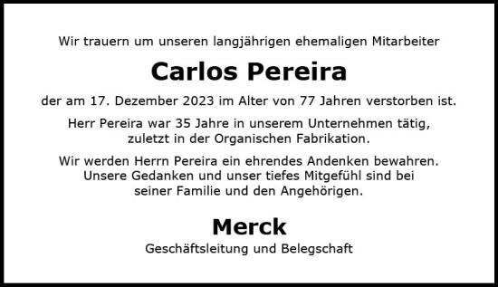 Traueranzeige von Carlos Pereira von Darmstädter Echo