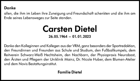 Traueranzeige von Carsten Dietel von Wiesbadener Kurier gesamt
