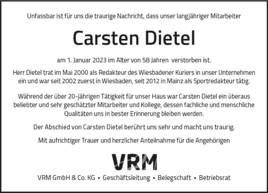 Traueranzeige von Carsten Dietel von Wiesbadener Kurier gesamt