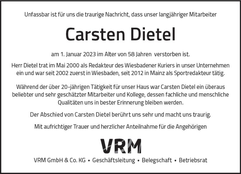  Traueranzeige für Carsten Dietel vom 14.01.2023 aus Wiesbadener Kurier gesamt