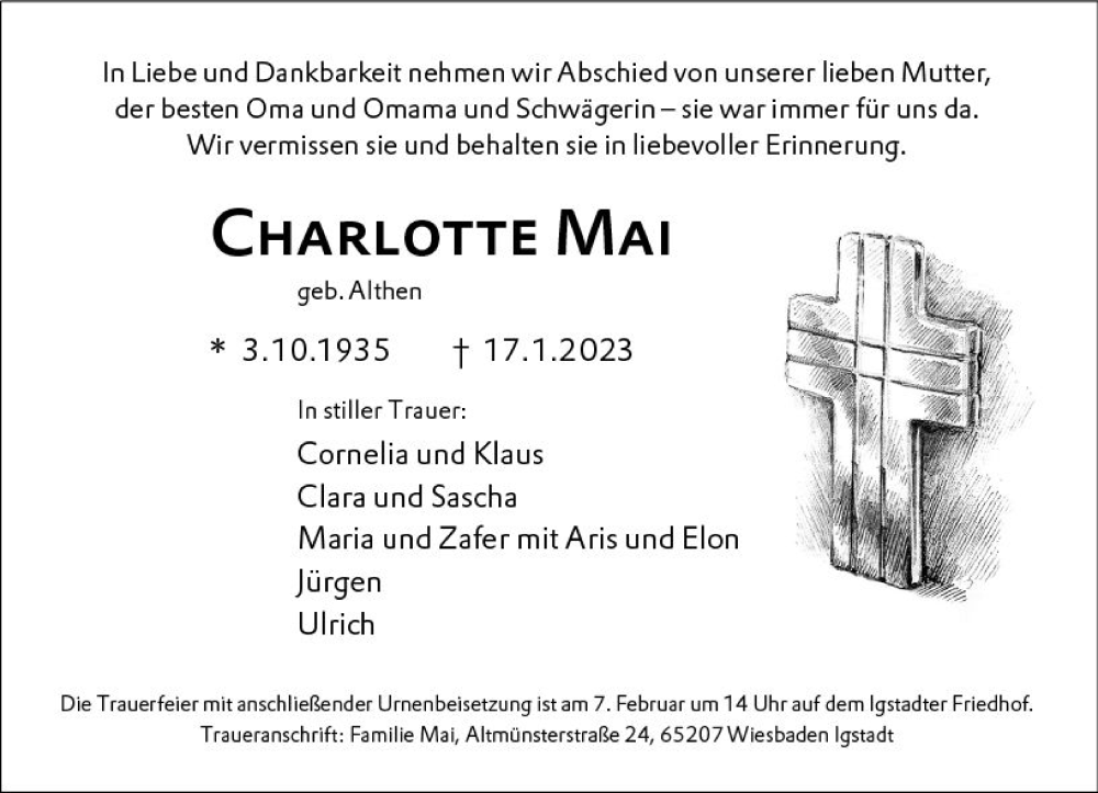  Traueranzeige für Charlotte Mai vom 21.01.2023 aus Wiesbadener Kurier gesamt