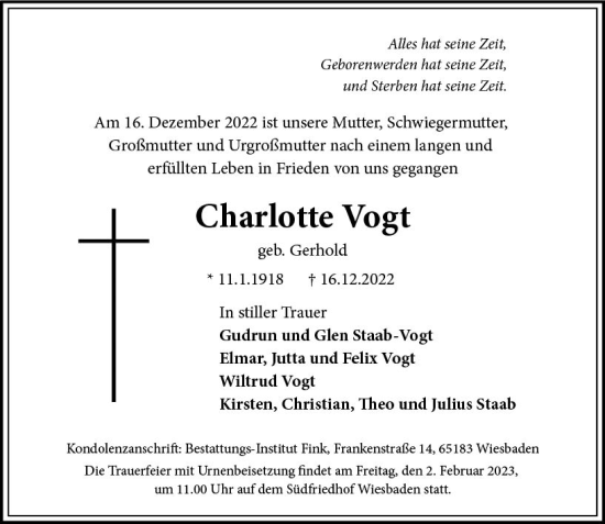 Traueranzeige von Charlotte Vogt von Wiesbadener Kurier gesamt