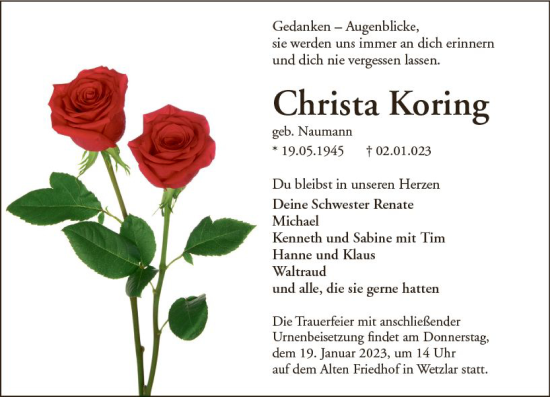 Traueranzeige von Christa Koring von Wetzlarer Neue Zeitung