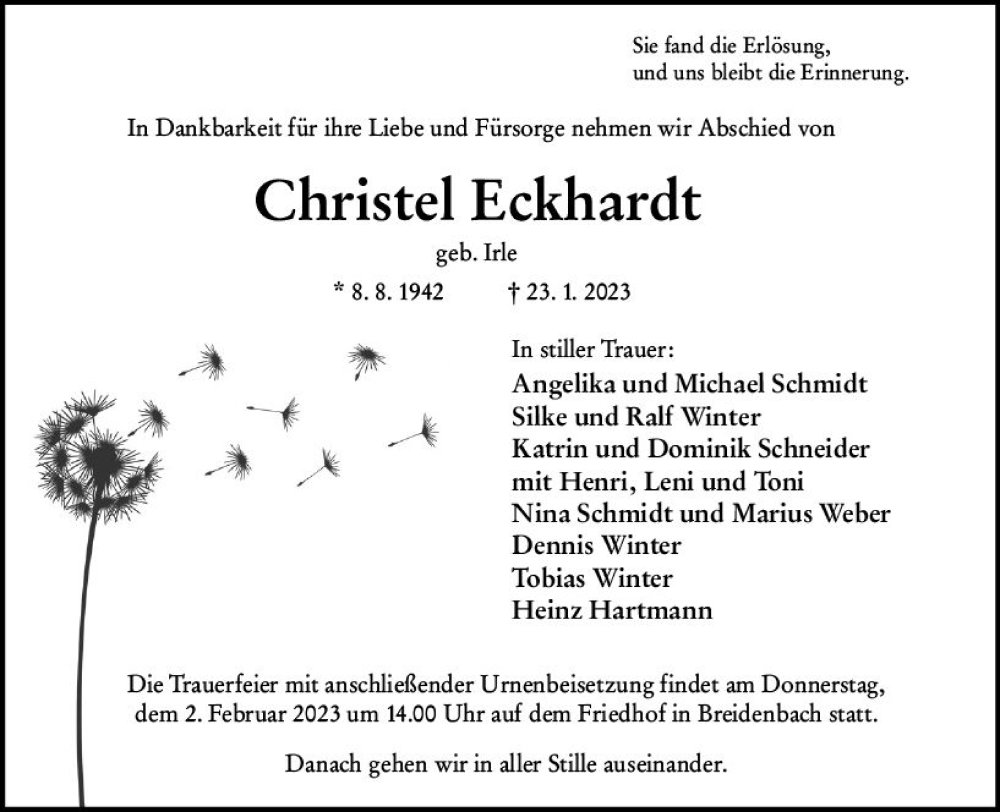  Traueranzeige für Christel Eckhardt vom 30.01.2023 aus Hinterländer Anzeiger
