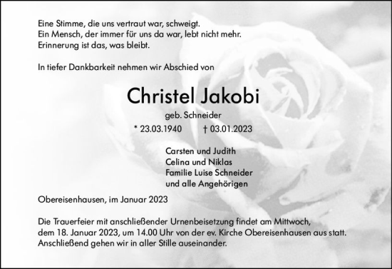 Traueranzeige von Christel Jakobi von Hinterländer Anzeiger