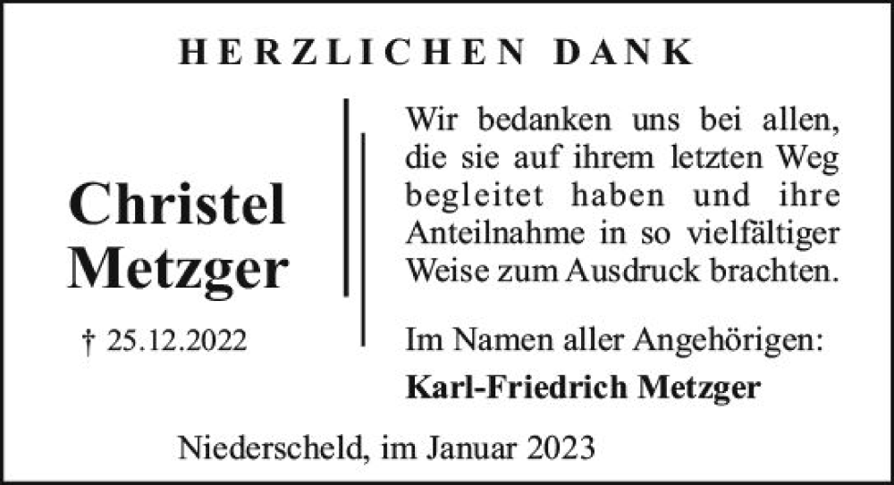  Traueranzeige für Christel Metzger vom 27.01.2023 aus Dill Block