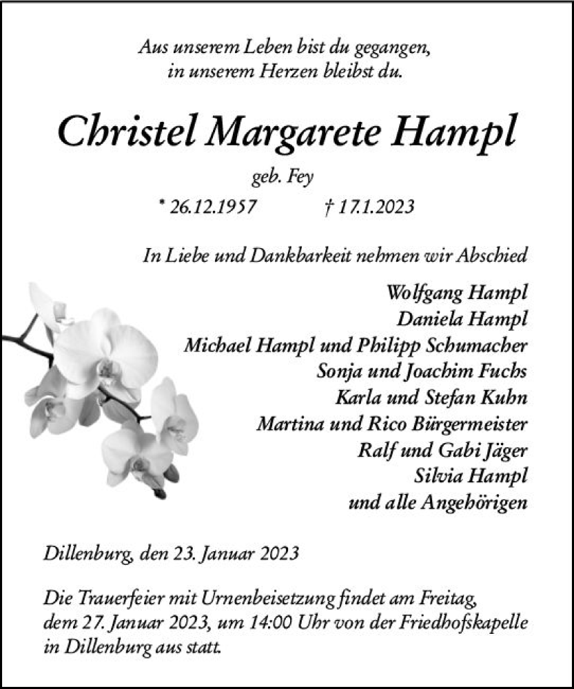  Traueranzeige für Christel Margarete Hampl vom 23.01.2023 aus Dill Block