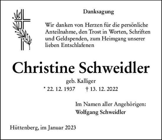 Traueranzeige von Christine Schweidler von Wetzlarer Neue Zeitung