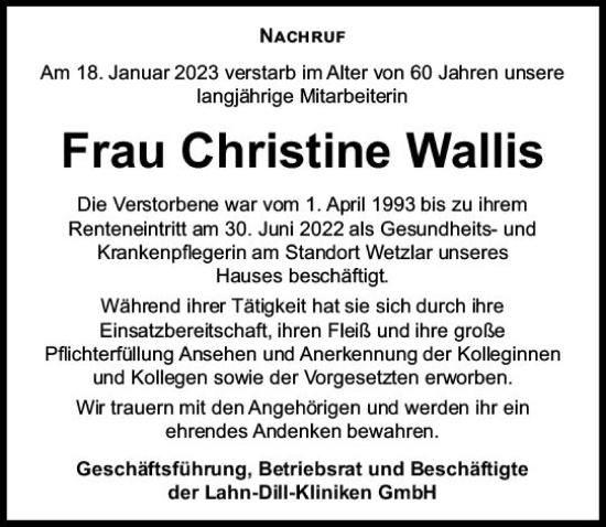 Traueranzeige von Christine Wallis von Wetzlarer Neue Zeitung